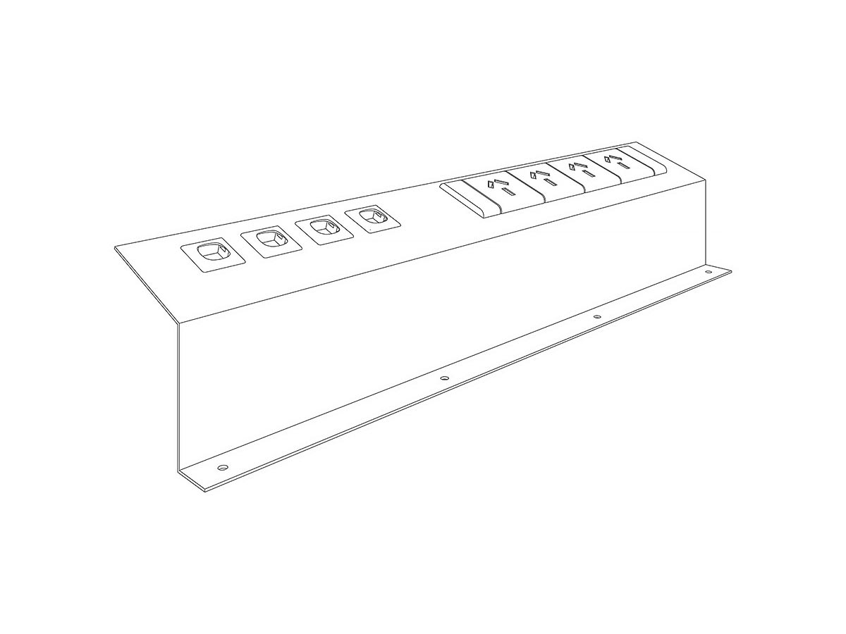 Axis Power and Data Plate for above desktop mounting to house 4 x Data Bezels and 4 x GPO Power Outlet: L515mm x D52mm x H95mm - White