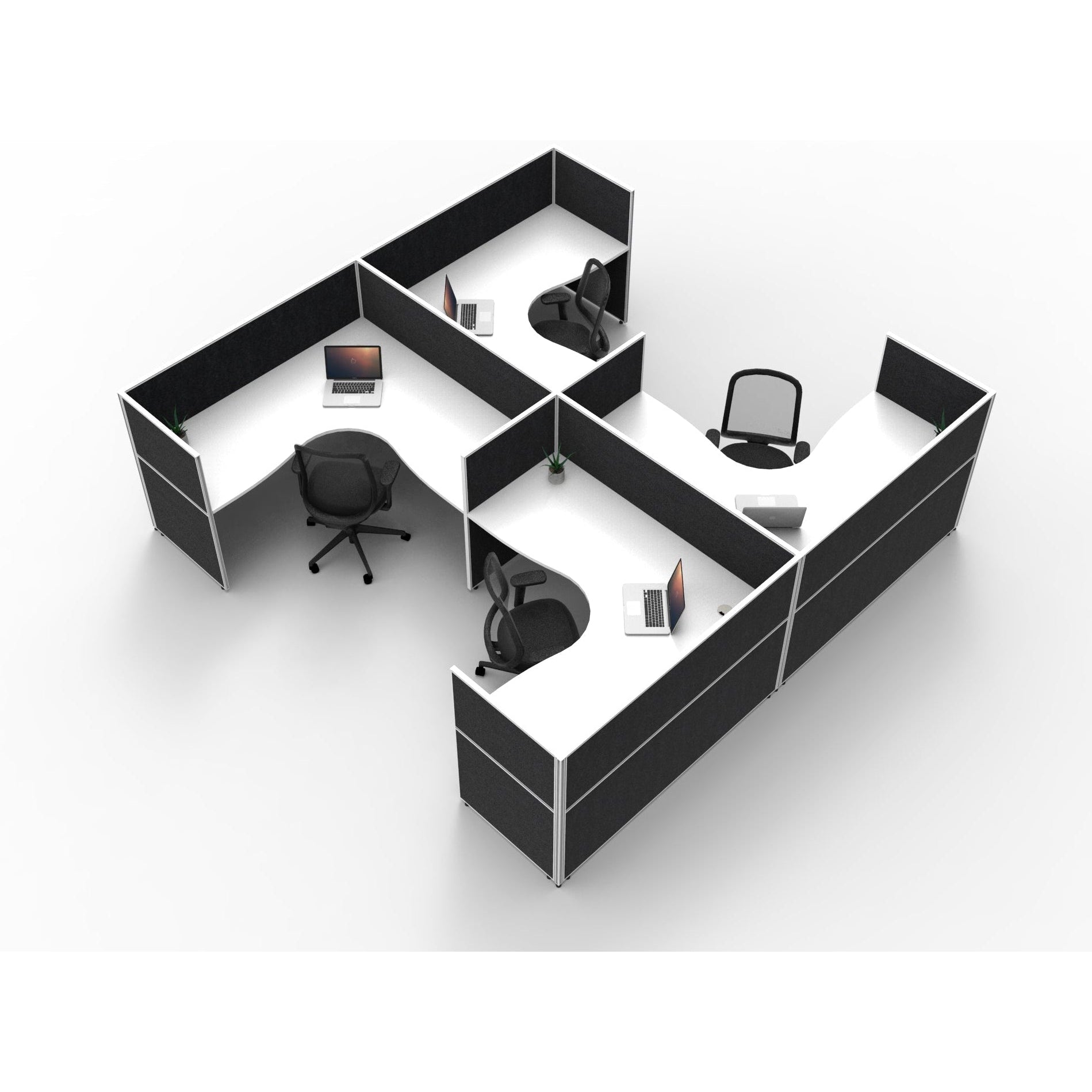 SHUSH30 Corner Workstations - 4 Person 'H' Configuration - Screen Hung Tops - White