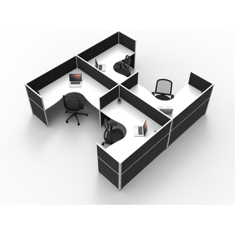 SHUSH30 Corner Workstations - 4 Person 'H' Configuration - Screen Hung Tops - White