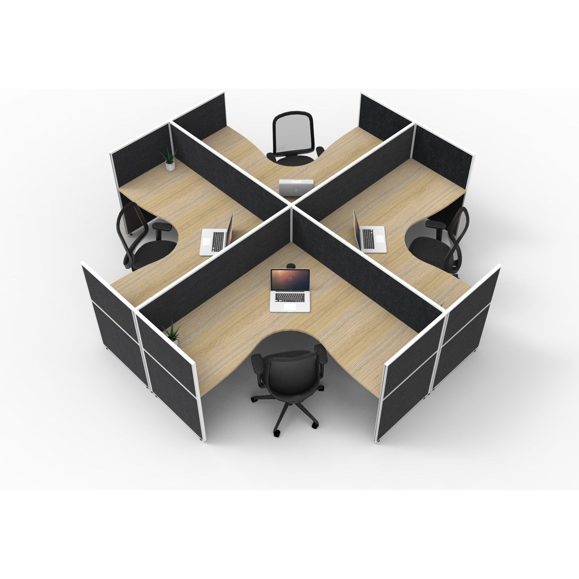 SHUSH30 Corner Workstations - 4 Person 'X' Configuration - Screen Hung Tops - Oak