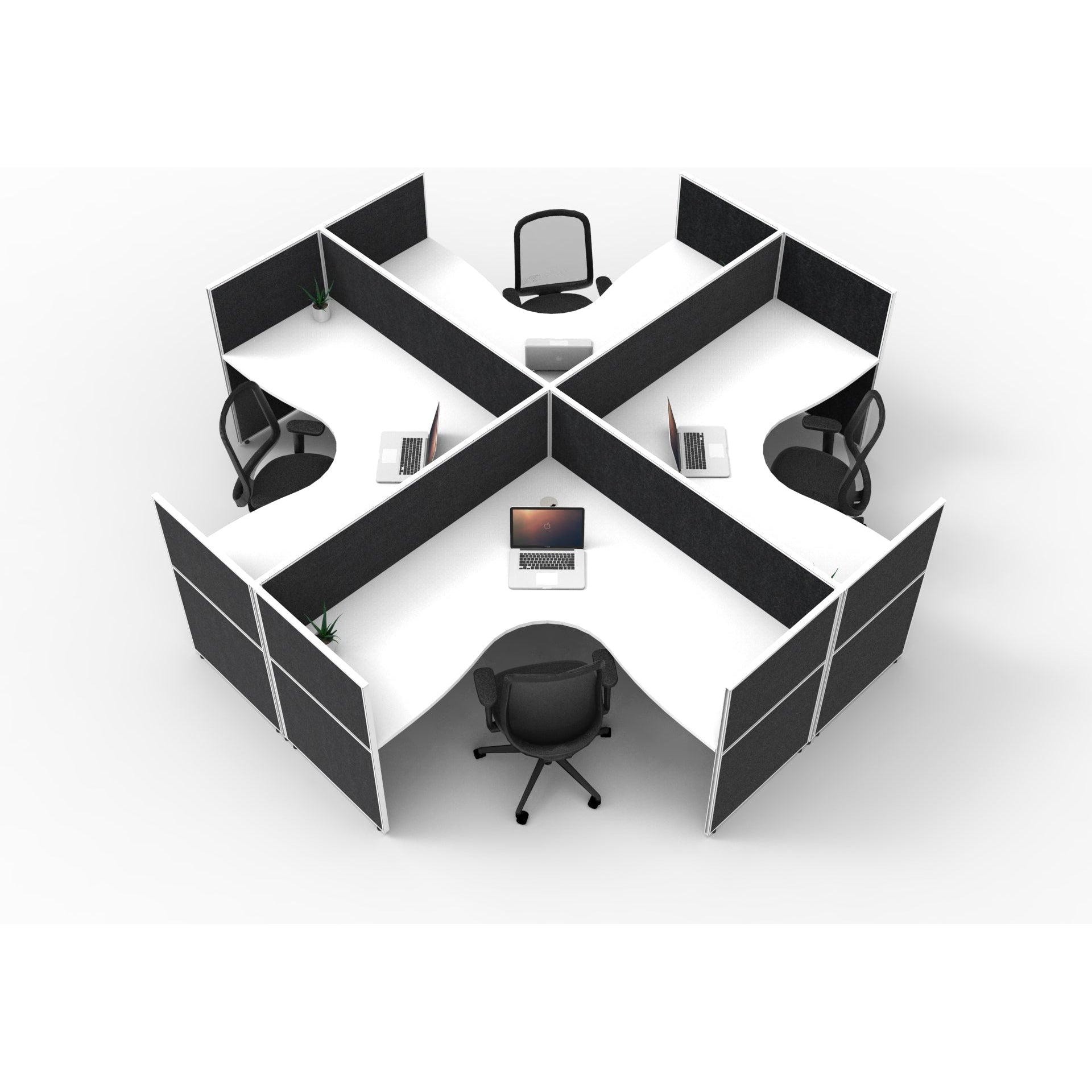 SHUSH30 Corner Workstations - 4 Person 'X' Configuration - Screen Hung Tops - White