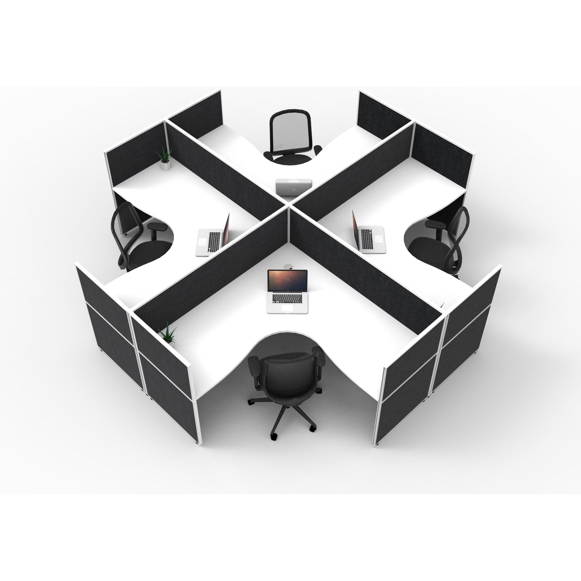 SHUSH30 Corner Workstations - 4 Person 'X' Configuration - Screen Hung Tops - White