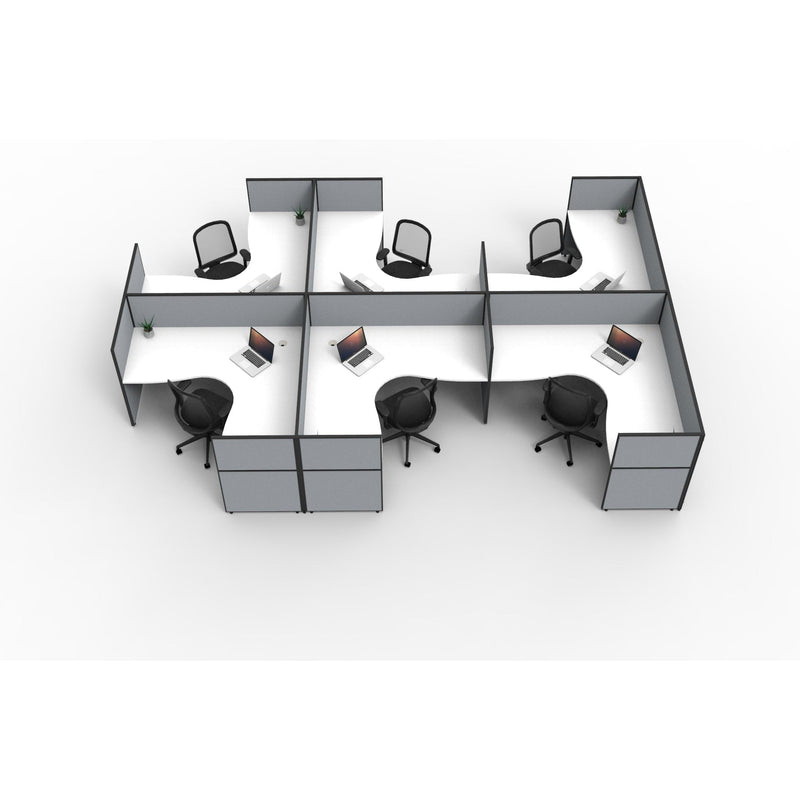 SHUSH30 Corner Workstations - 6 Person 'F' Configuration - Screen Hung Tops - White