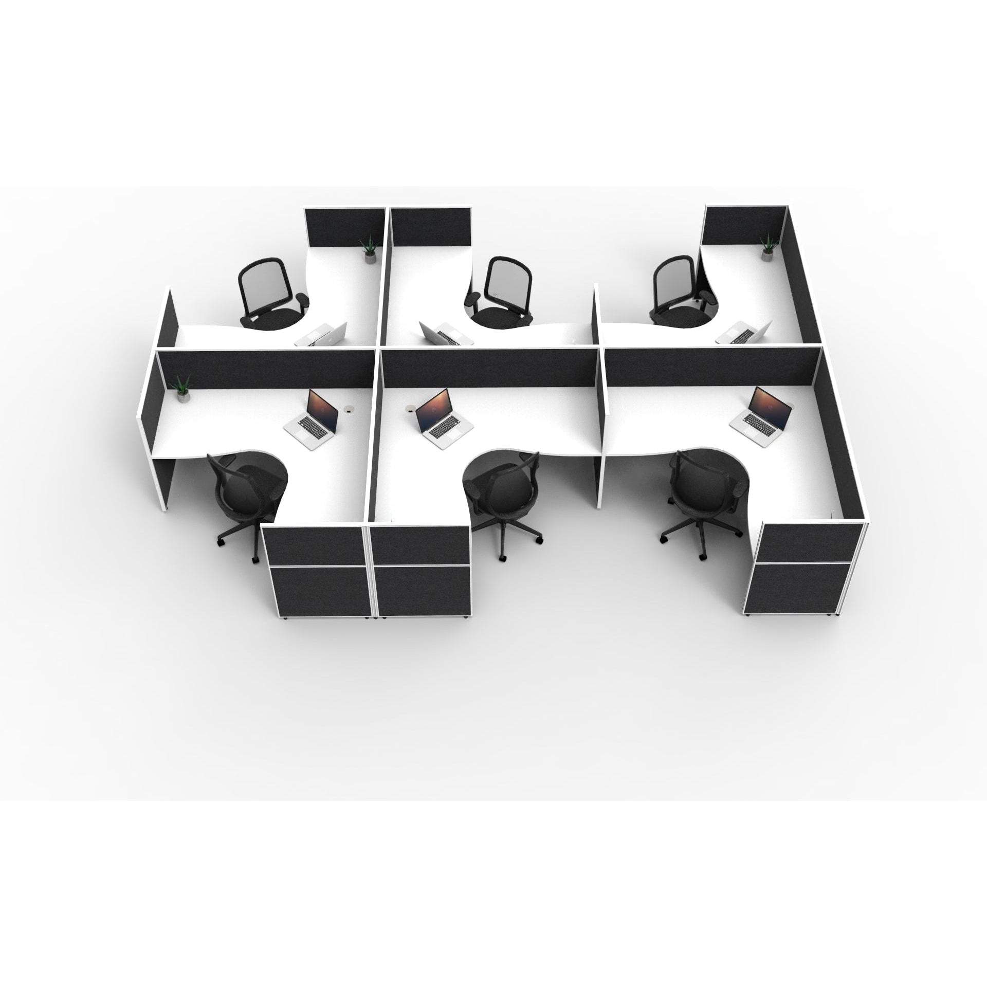 SHUSH30 Corner Workstations - 6 Person 'F' Configuration - Screen Hung Tops - White