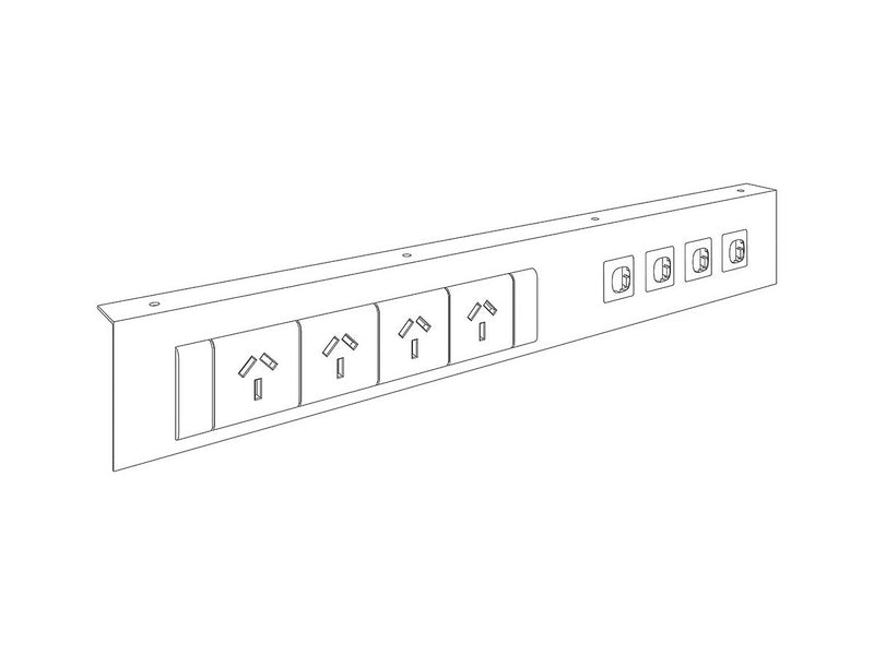 Axis Power and Data Plate for below desktop mounting to house 4 x Data Bezels and 4 x GPO Power Outlet: L515mm x D30mm x H80mm - White