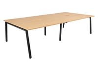 Long wooden table with black legs on a white background