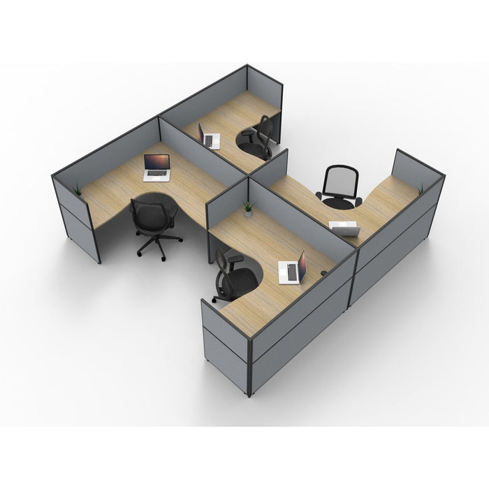 SHUSH30 Corner Workstations - 4 Person 'H' Configuration - Screen Hung Tops - Oak