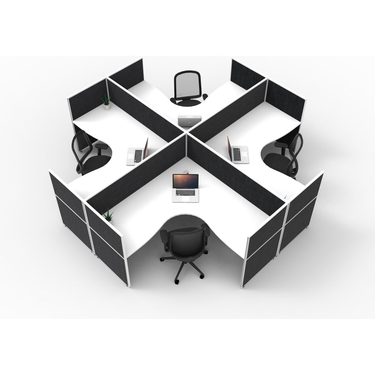 SHUSH30 Corner Workstations 4 Person 'X' Configuration Screen Hung