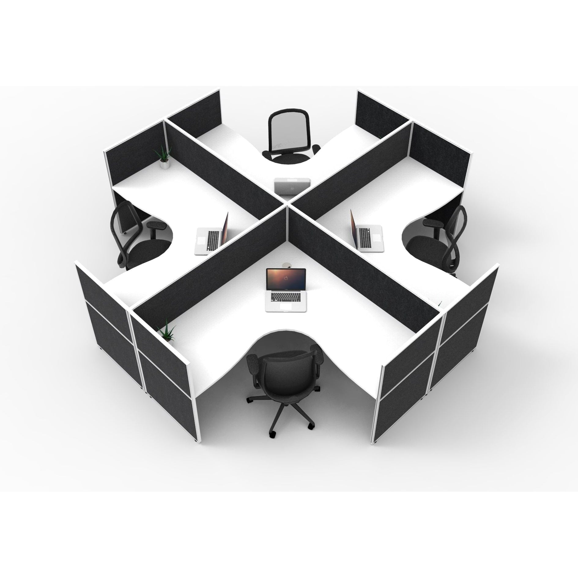 SHUSH30 Corner Workstations 4 Person 'X' Configuration Screen Hung