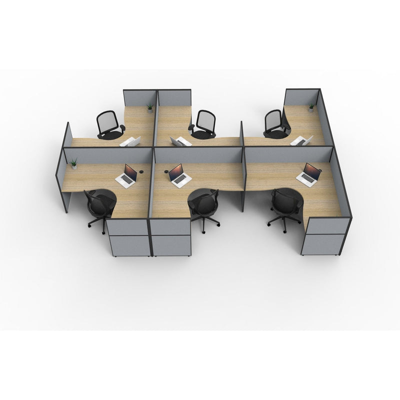 SHUSH30 Corner Workstations - 6 Person 'F' Configuration - Screen Hung Tops - Oak