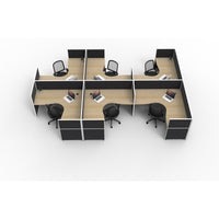 SHUSH30 Corner Workstations - 6 Person 'F' Configuration - Screen Hung Tops - Oak