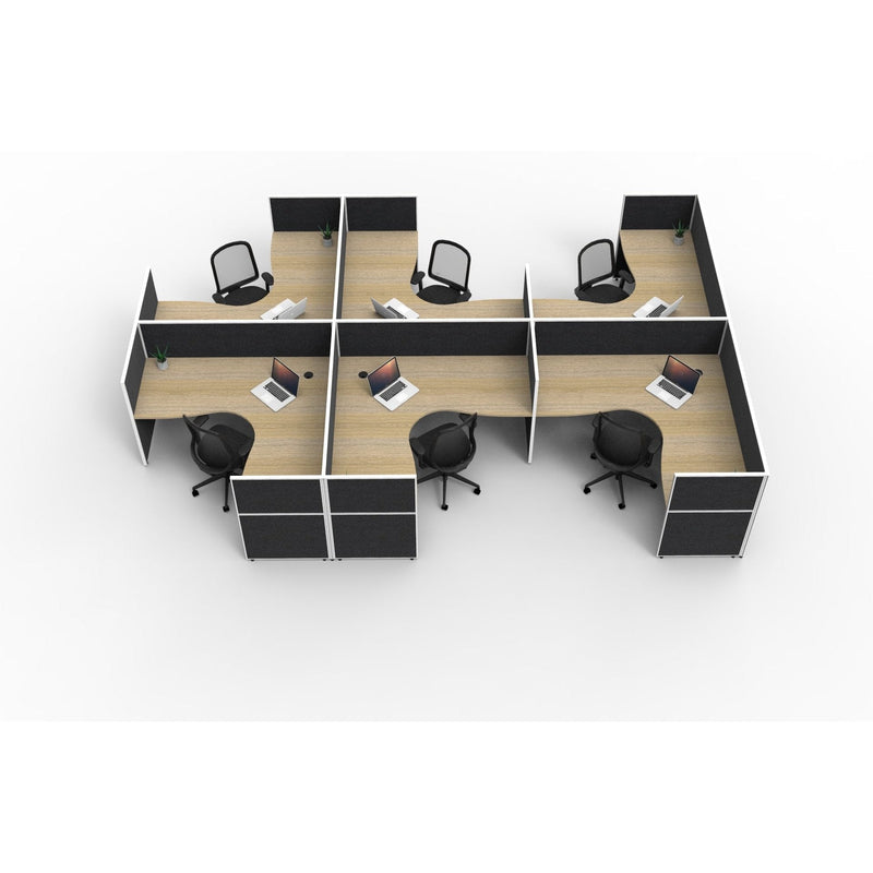 SHUSH30 Corner Workstations - 6 Person 'F' Configuration - Screen Hung Tops - Oak