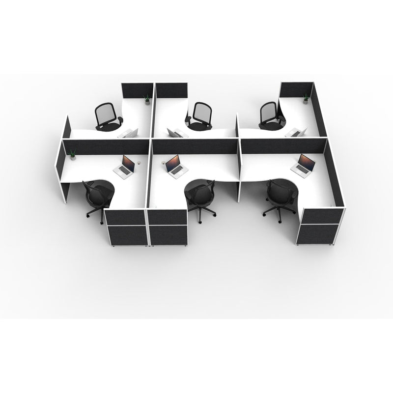 SHUSH30 Corner Workstations - 6 Person 'F' Configuration - Screen Hung Tops - White
