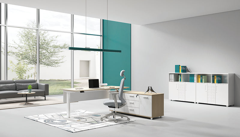 Virginia Walnut Potenza Electric Height Adjustable Desk with Credenza Return